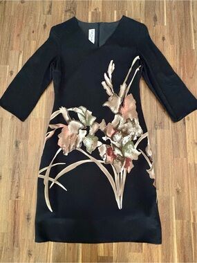 Pari Passu Black Long-Sleeve Sheath Dress with Metallic Floral Design